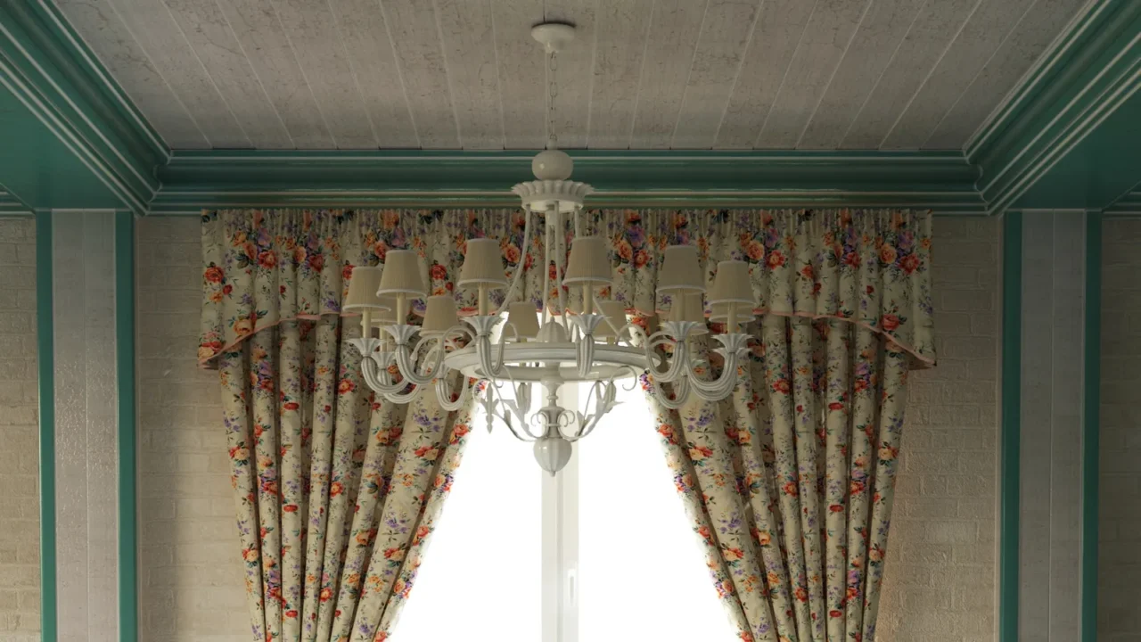 Beautiful Provence home interior. Wooden room with green painted ceiling border. Floral curtains infront of a window and a white chandelier.