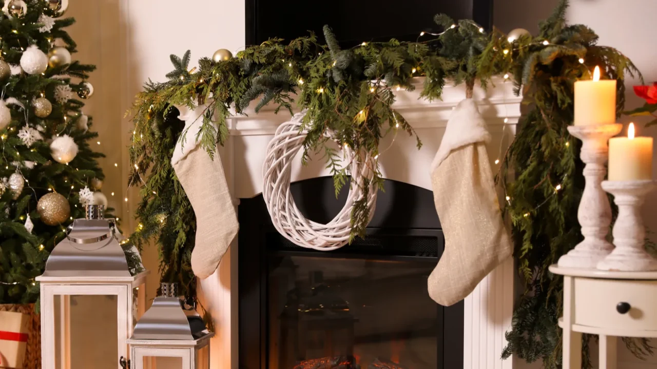 beautiful room interior with fireplace and christmas decor