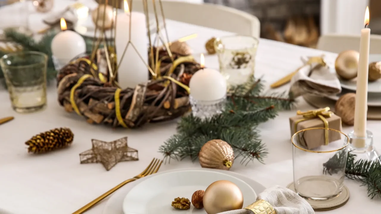 beautiful table setting with christmas decorations in living room