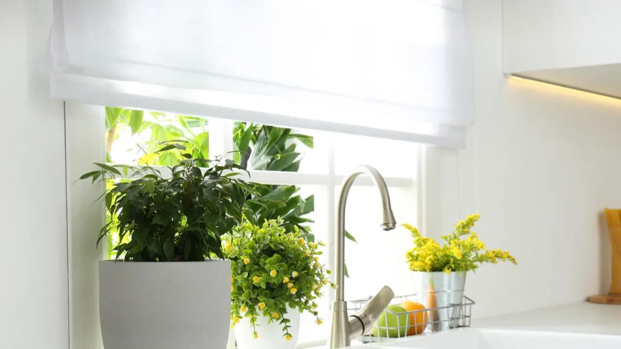 beautiful white sink near window in modern kitchen