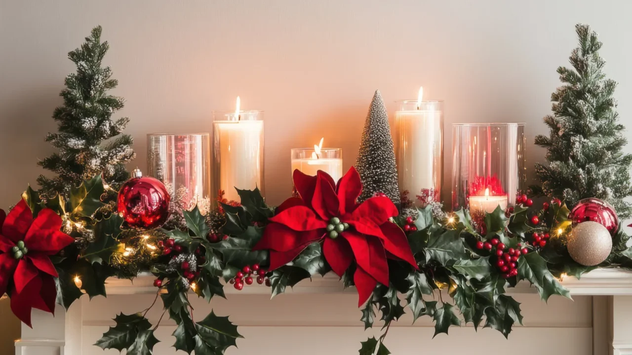 Beautifully decorated mantel adorned with vibrant red poinsettias glowing candles