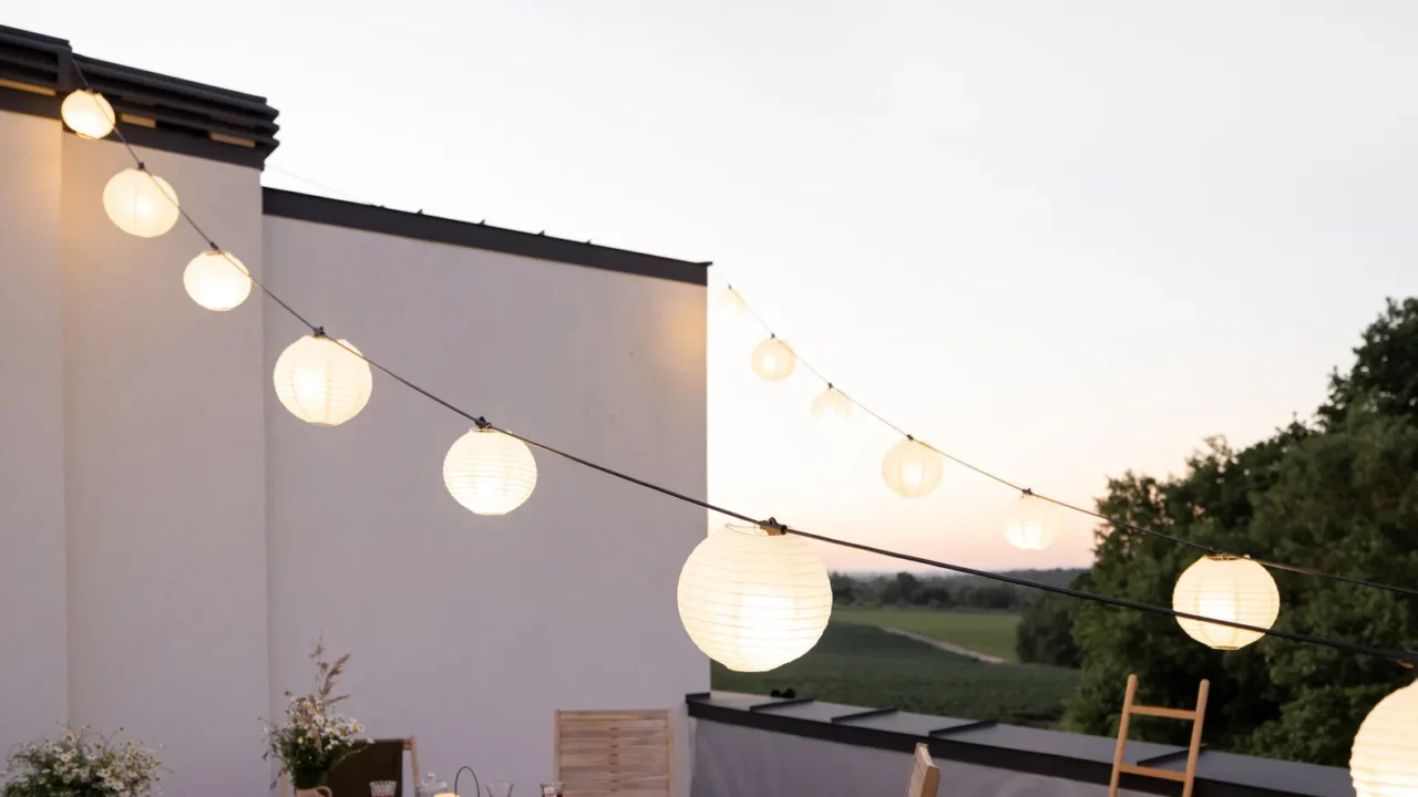 beautifully decorated roof terrace with a dining table