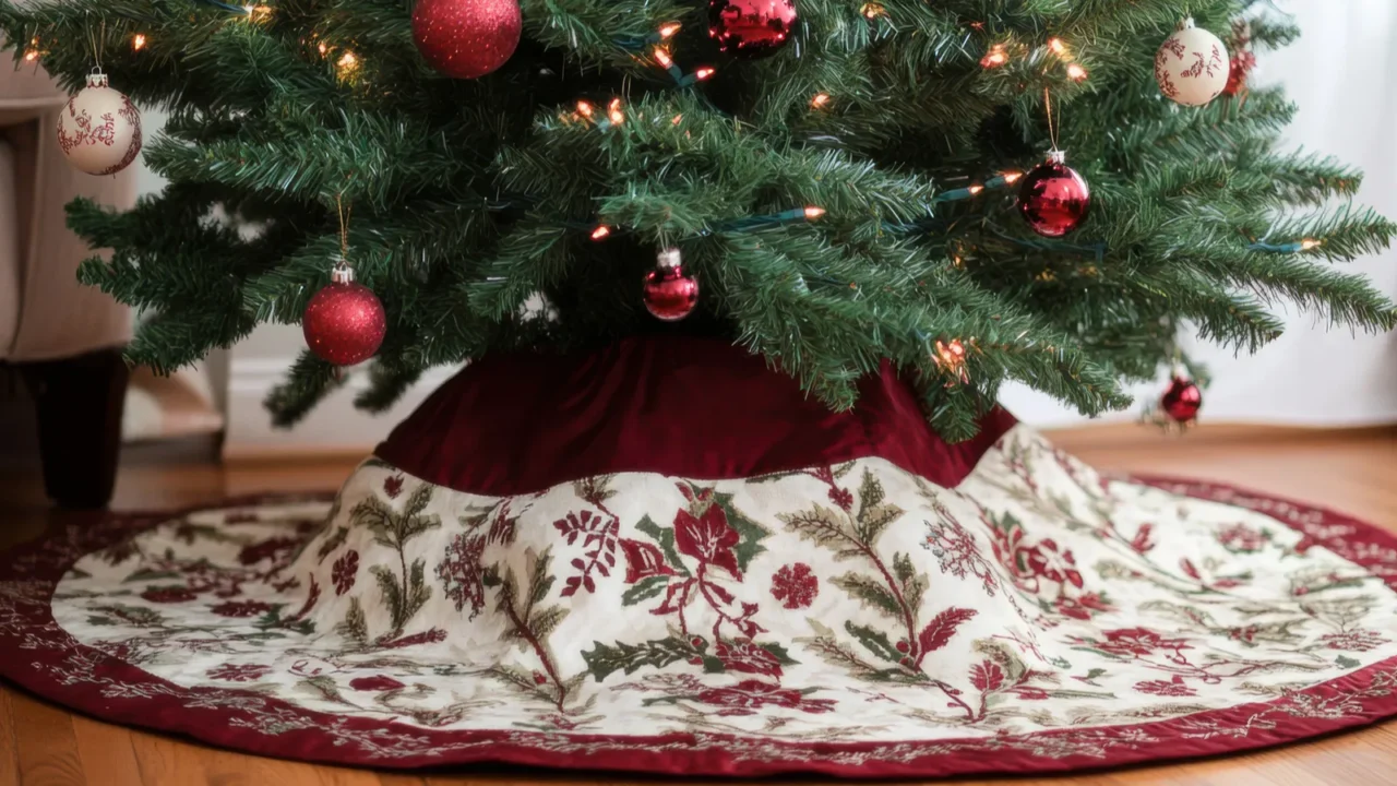 beautifully designed christmas tree skirt featuring classic holiday patterns and