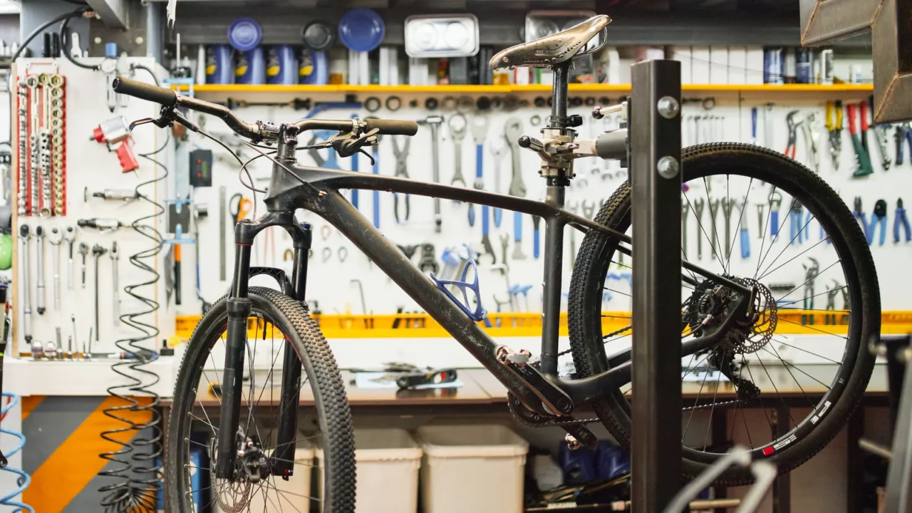 bicycle on rack in workshop