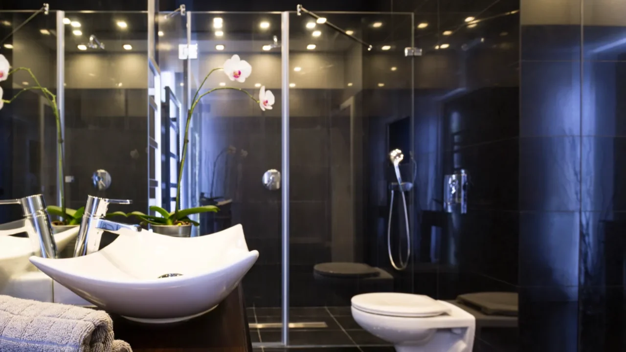 black bathroom with shower