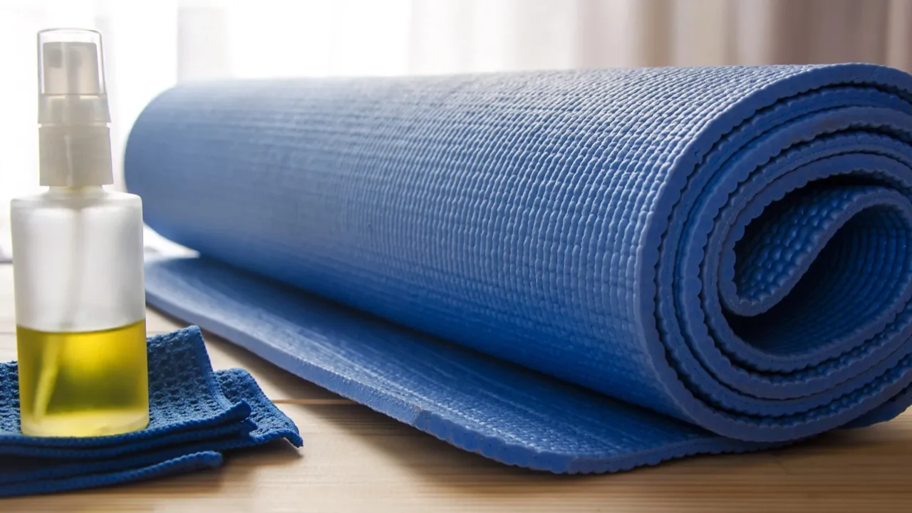 blue yoga mat with cleaner