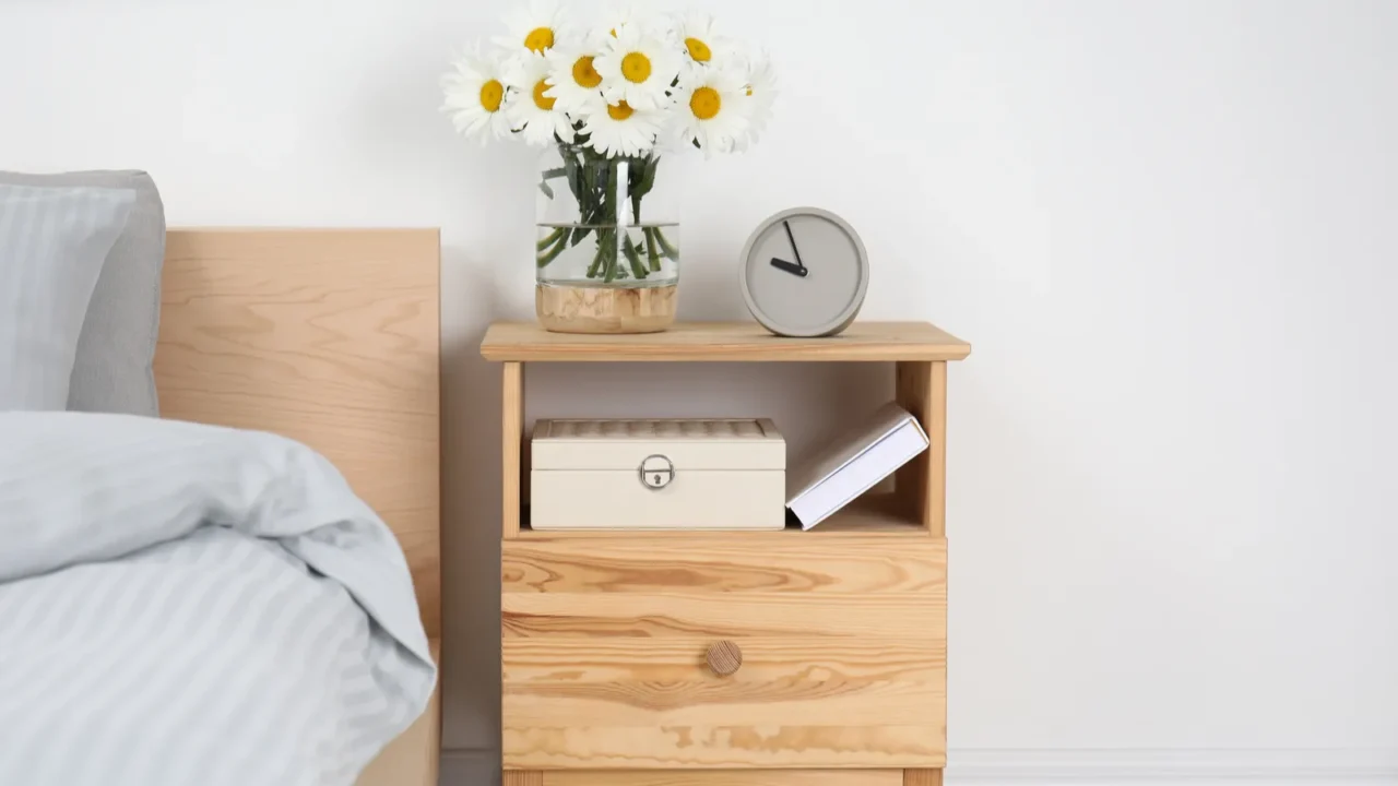 bouquet of beautiful daisy flowers on wooden nightstand in bedroom