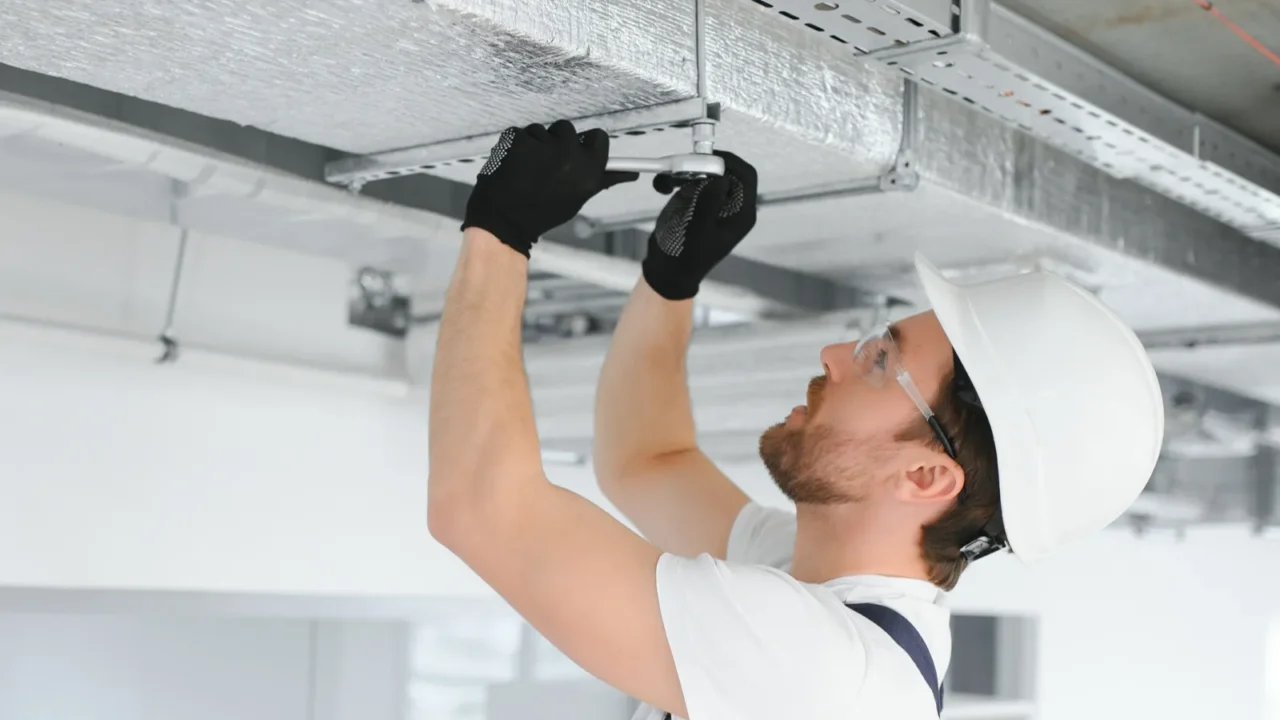 caucasian hvac technician worker in his 40s testing newly installed