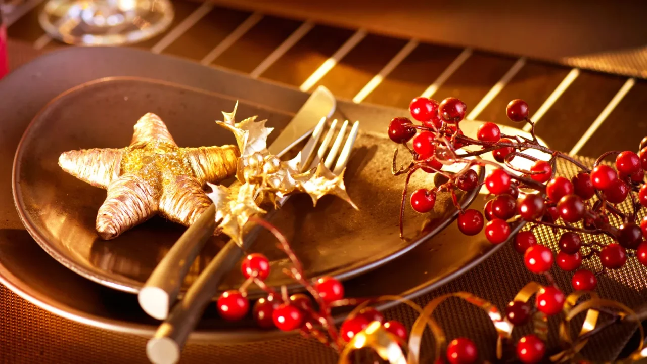 christmas and new year holiday table setting celebration