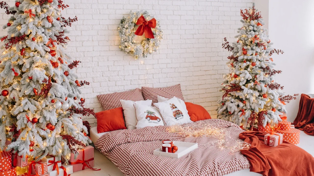 christmas and new year interior in the bedroom gifts under