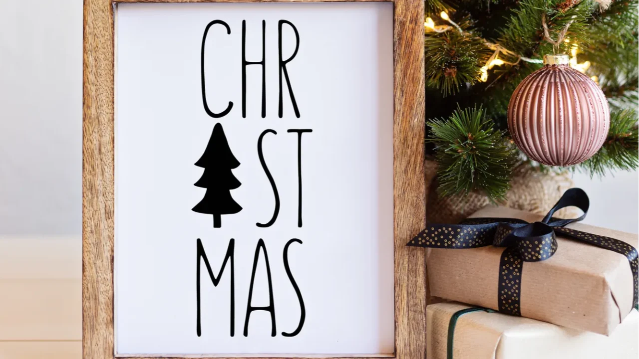 christmas background with wooden picture frame with text christmas and