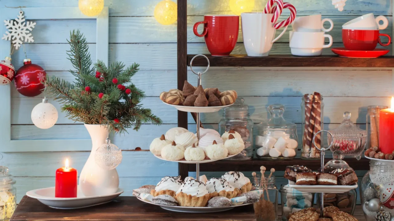 christmas bar cacao decoration with cookies and sweets on blue