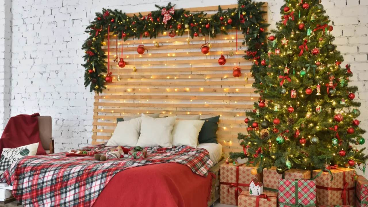 christmas bedroom interior on a brick wall background