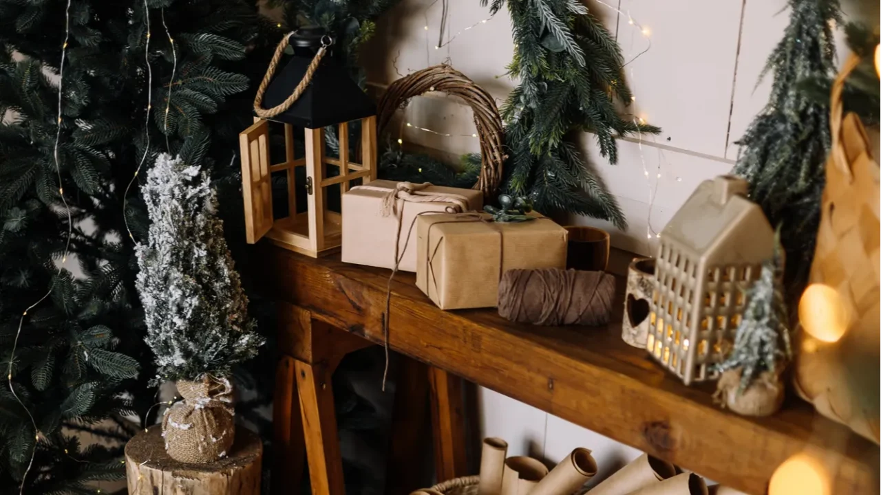 christmas composition on the table pine wreaths a wicker basket