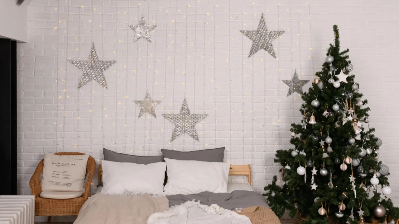 christmas decorated tree in soft pink colors against the background