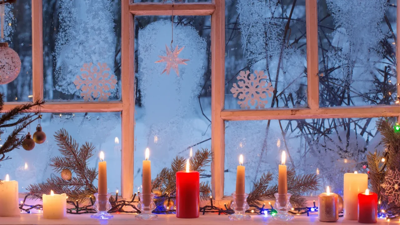 christmas decorations on old wooden window