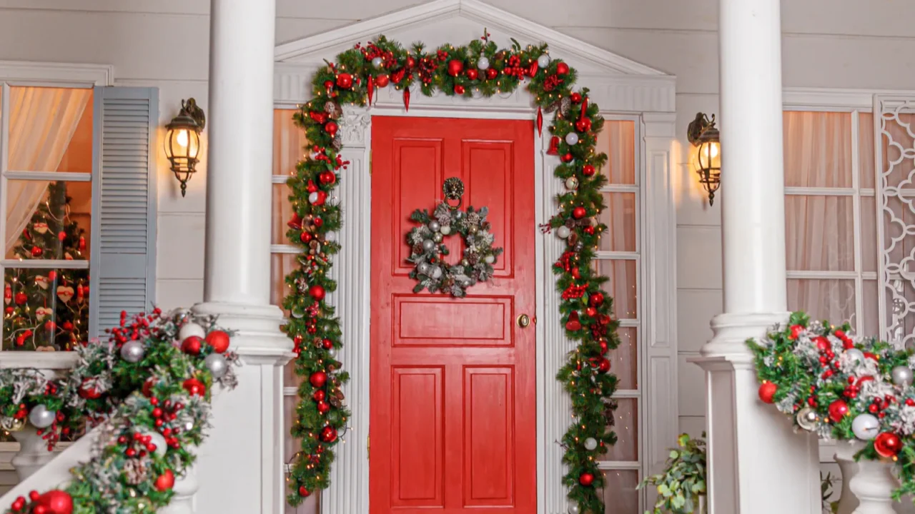 christmas porch decoration idea house entrance with red door decorated