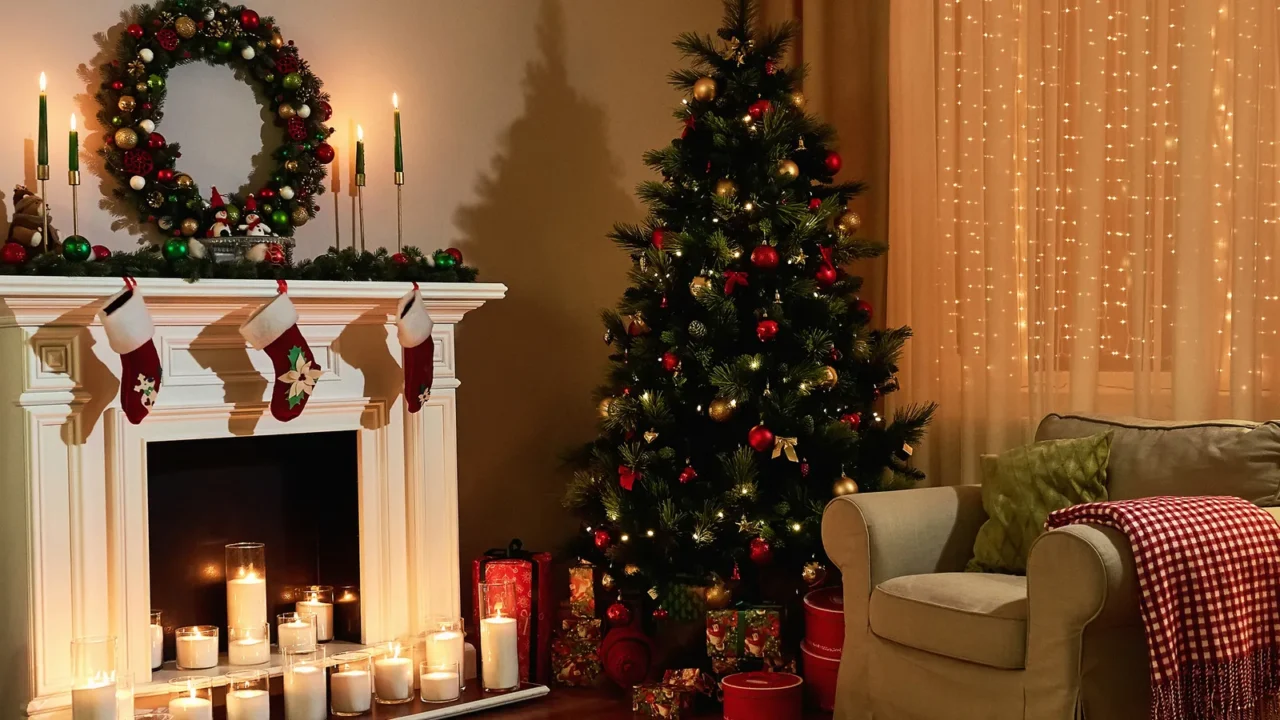 christmas room interior design xmas tree decorated dy lights presents