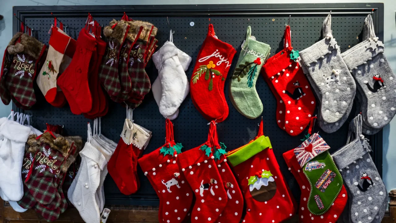 christmas stockings for gifts hanging above a fireplace for sale