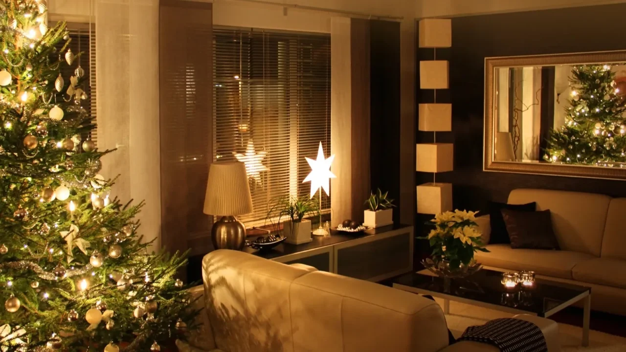 Christmas tree in modern living room.