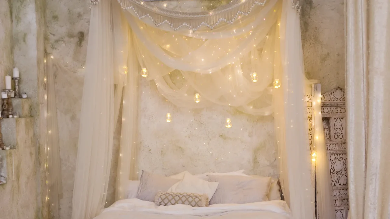 christmas vintage bedroom with baldachin and hanging candles