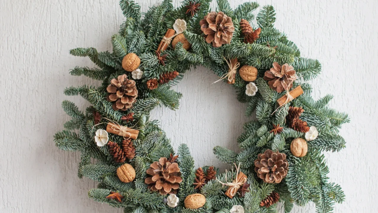 christmas wreath made of natural fir branches hanging on