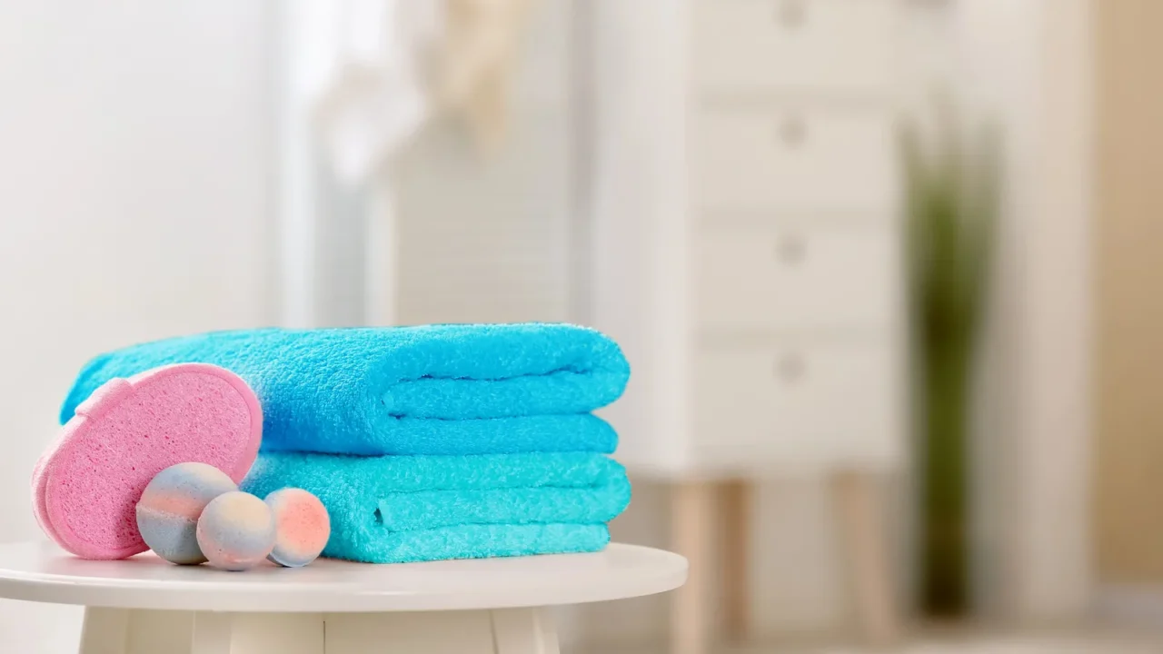 clean soft towels and bath bombs in bathroom space for