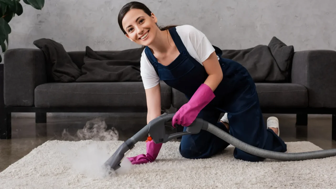 cleaner smiling at camera while using vacuum cleaner with hot