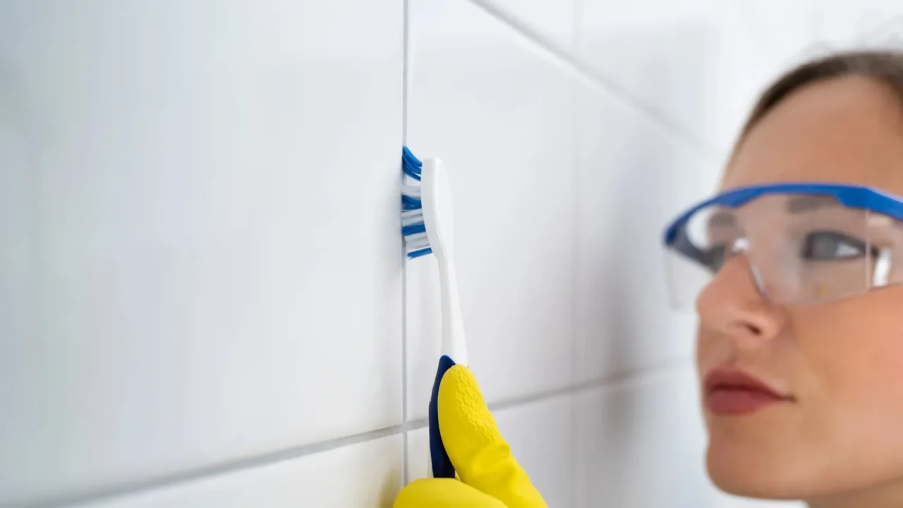 cleaning dirty tile grout in bathroom using toothbrush