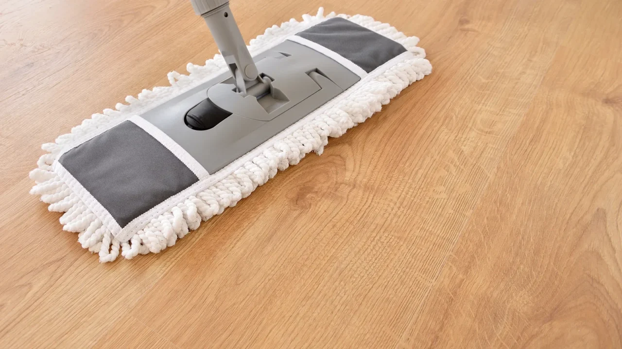 cleaning gear mopping a living room floor with parquet