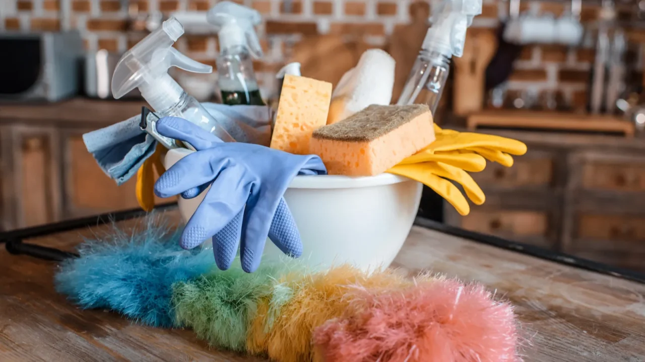 cleaning supplies on table