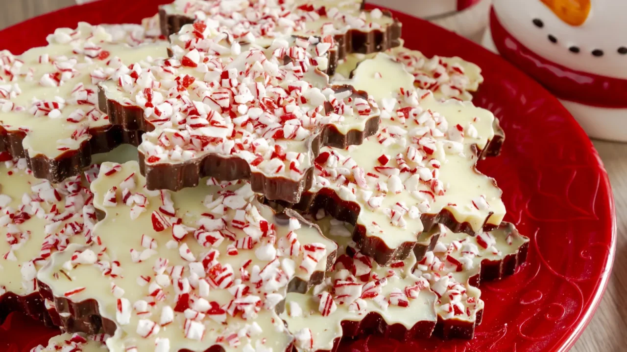 close up of snowflake shaped chocolate peppermint bark on red