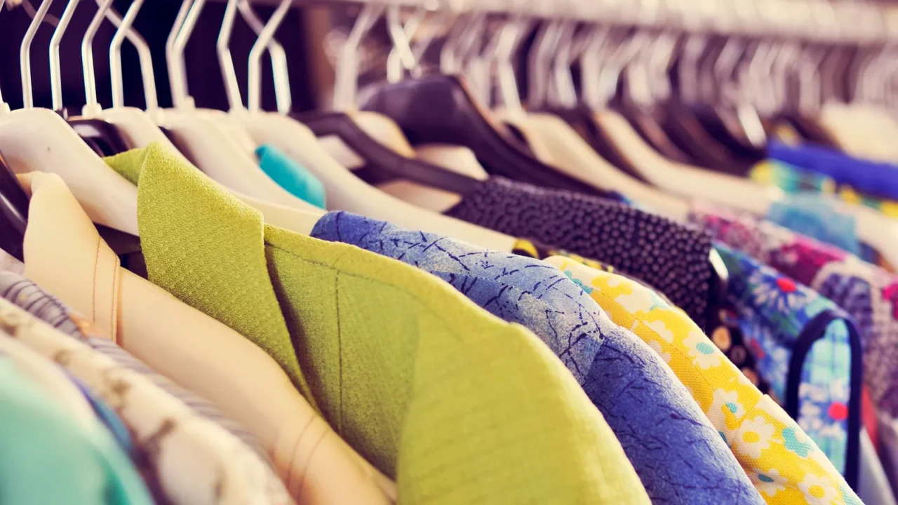 clothes hanging on a rack in a flea market