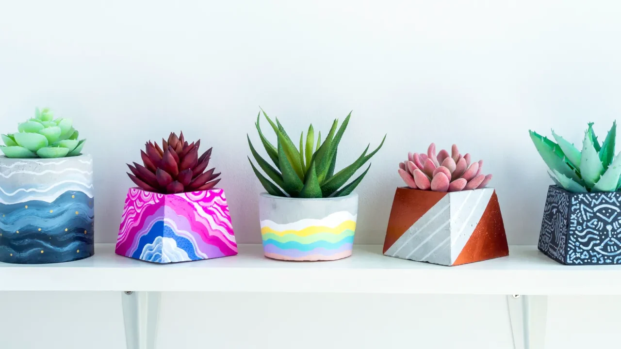 colorful various diy concrete pots with beautiful green pink and