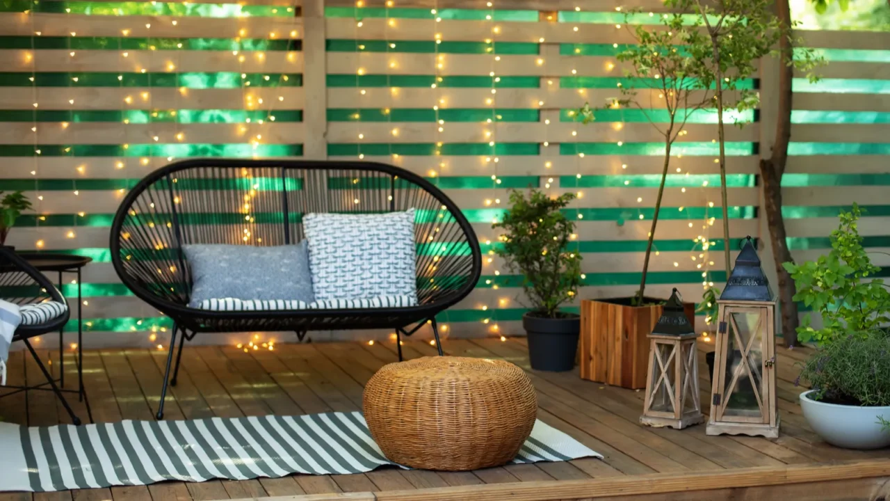 A cozy patio with industrial style furniture, floor cushion, rug, plants, and lanterns.