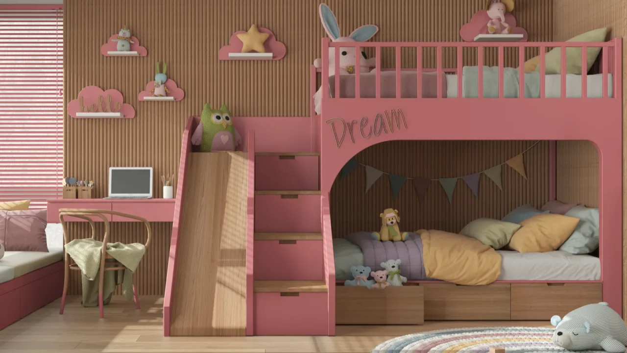 cozy wooden children bedroom with bunk bed in pink and