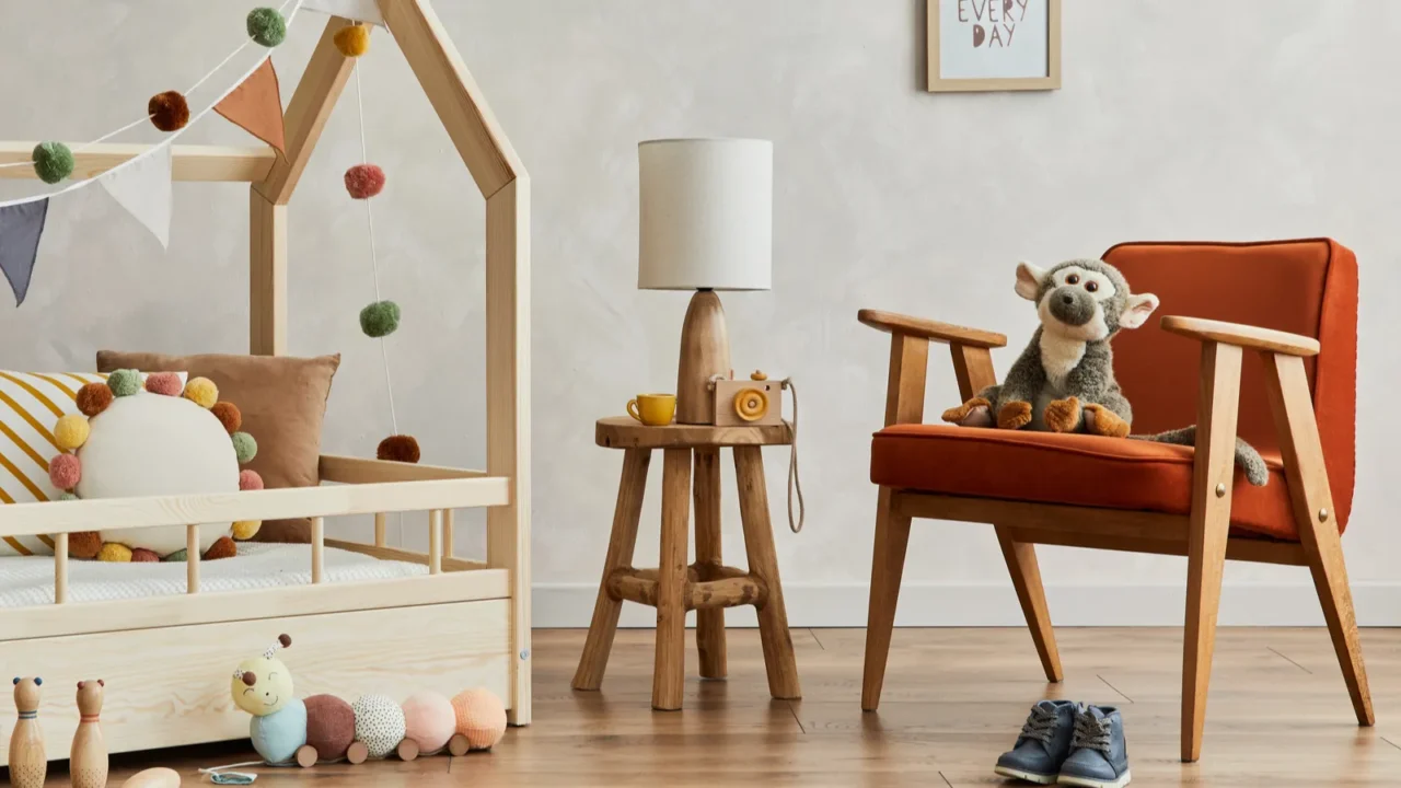 creative composition of cozy scandinavian childs room interior with wooden