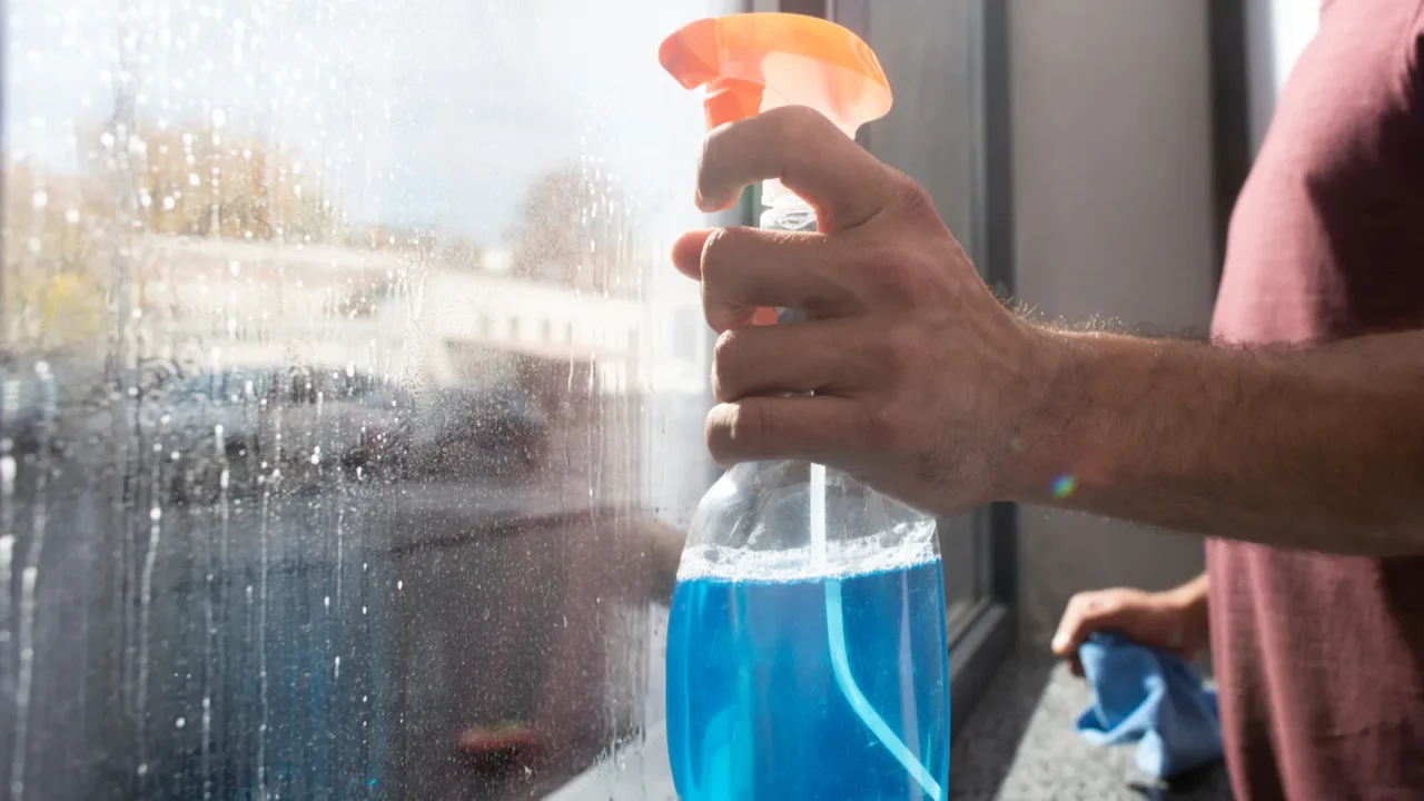 cropped view of bottle of detergent in hand of man