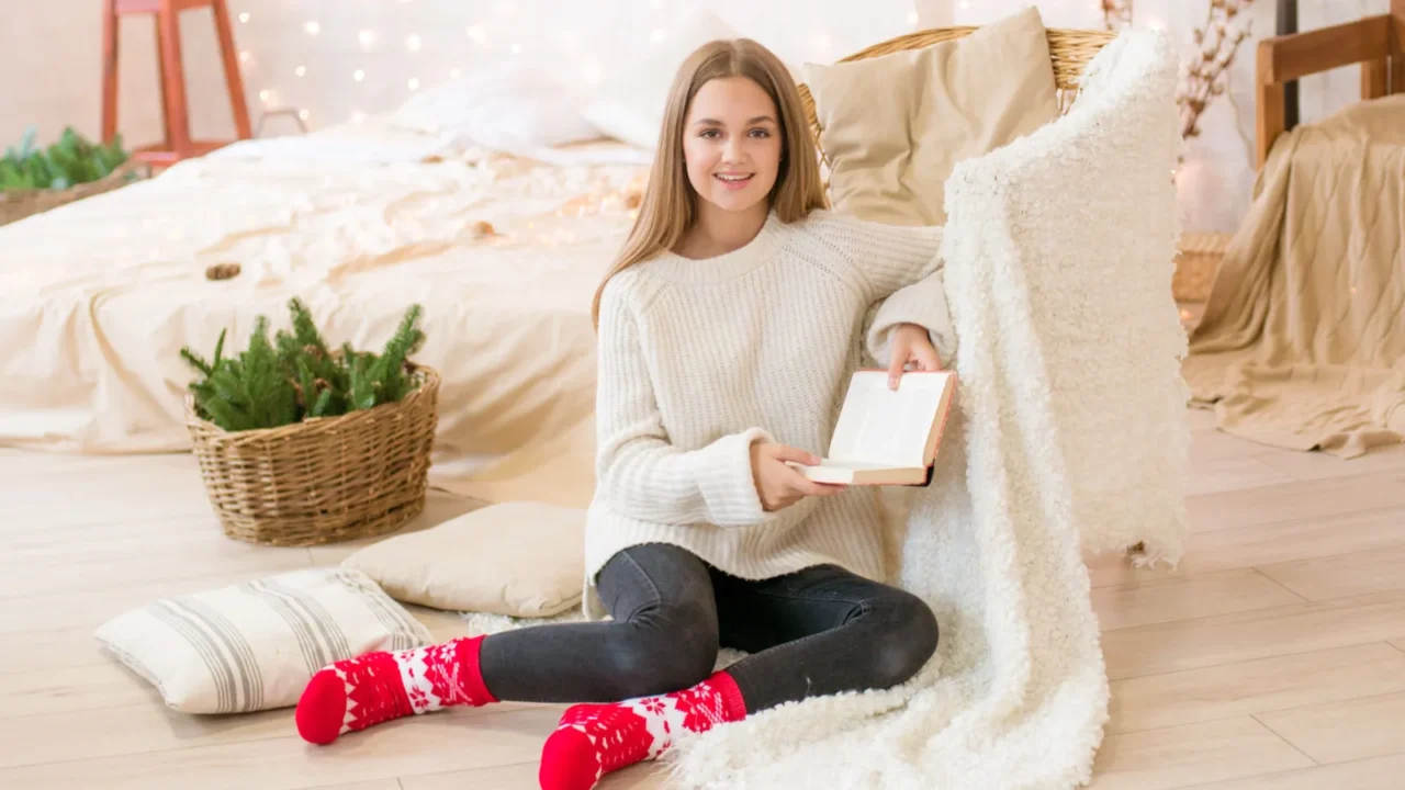 cute teenage girl is reading a book on the floor