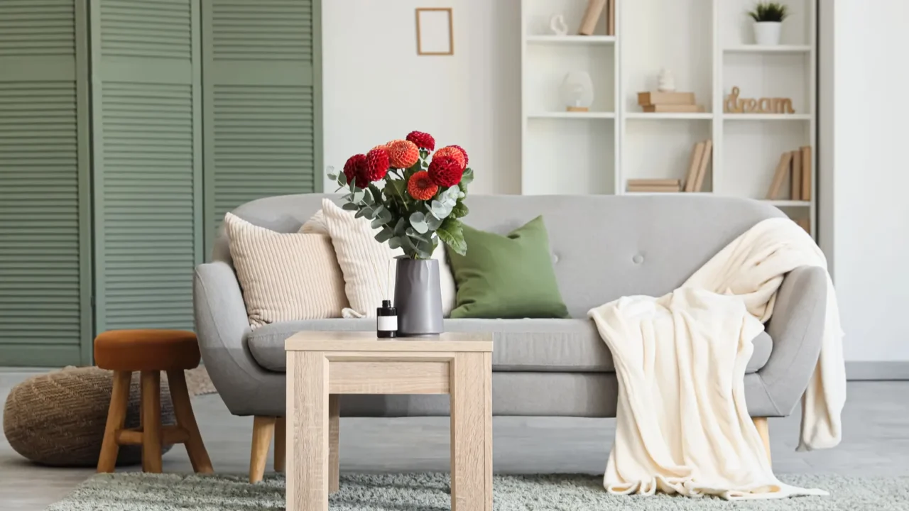 Dahlia flowers in a vase on a light wooden coffee table near cozy sofa in interior. A gray sofa with cream and green cushions and a cream throw. A small stool and pouf for seating next to the sofa. A shelf with decor behind. Light wooden flooring and a gray sofa. A wooden frame hanging on the wall at the back.