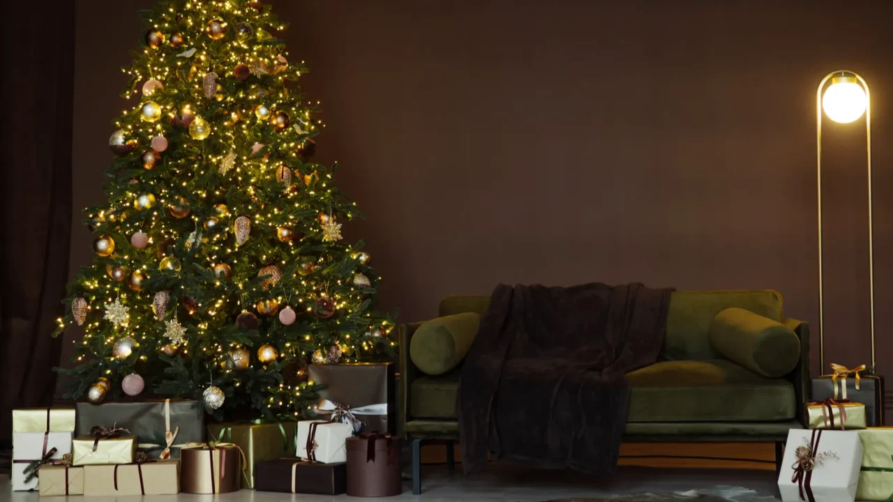 dark luxury room with christmas and new year interior decorations