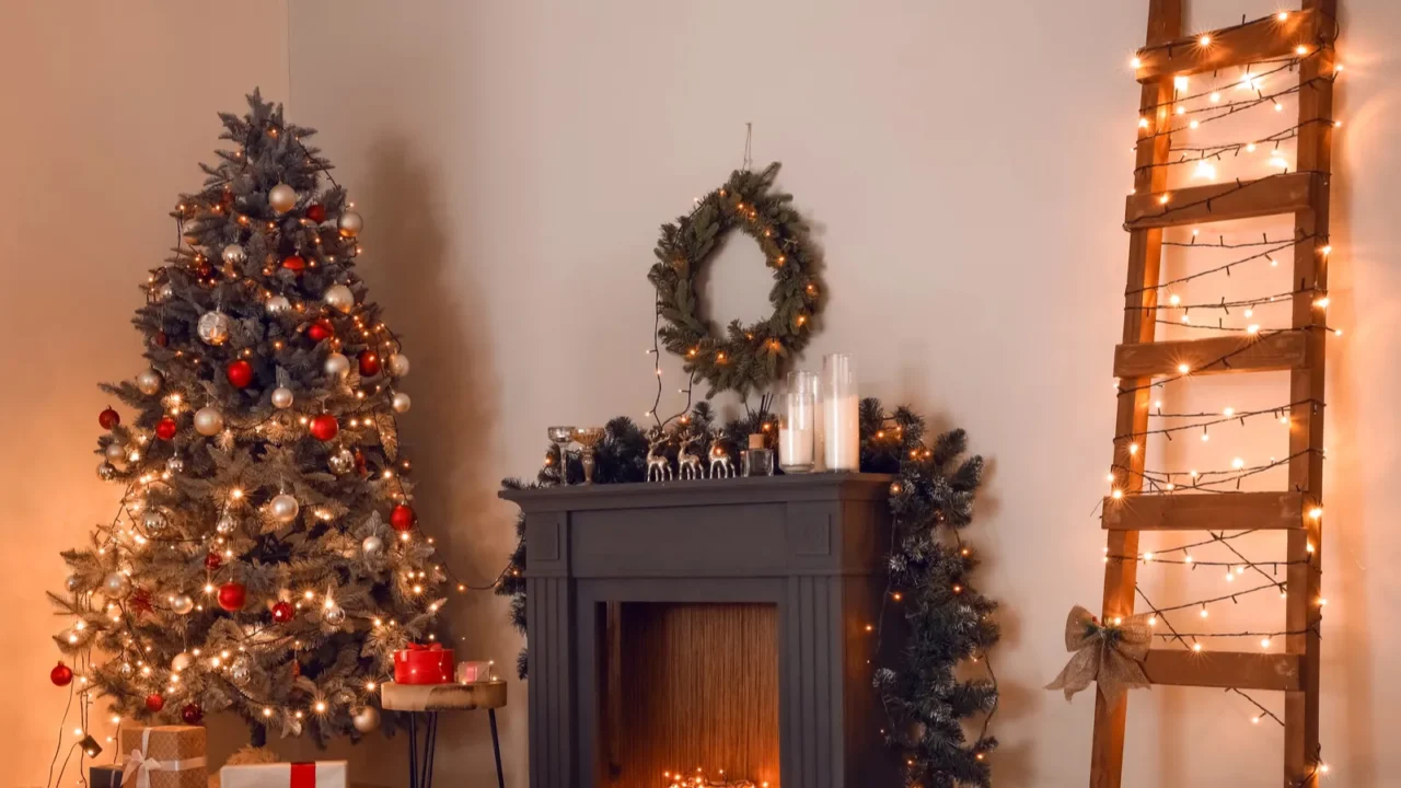 decorated fireplace in interior of room on christmas eve