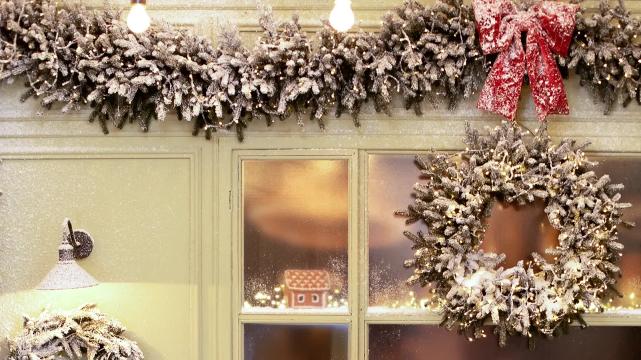 decorated street window with garland spruce branches and xmas wreath