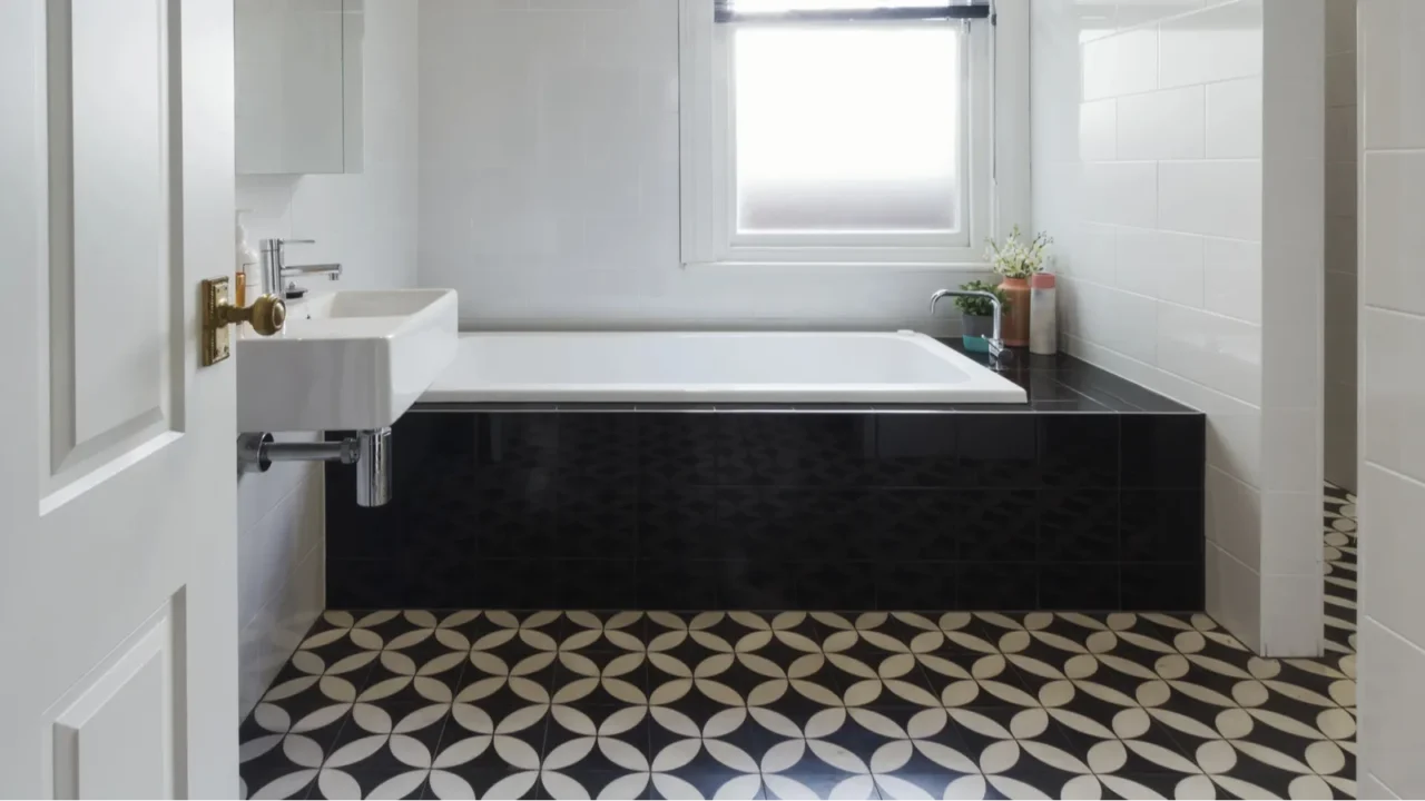 designer bathroom renovation black and white floor tiles horizon