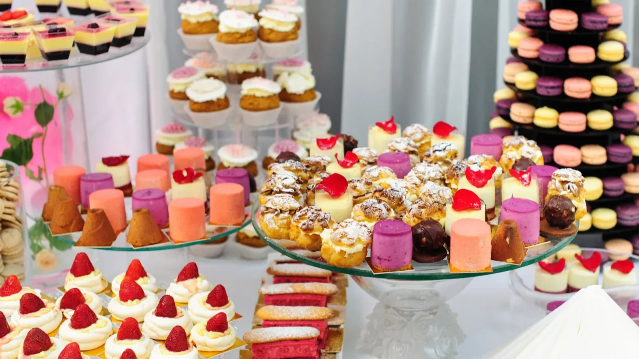 A dessert table with cupcakes, pastries, and other desserts displayed on crystal and tiered trays.