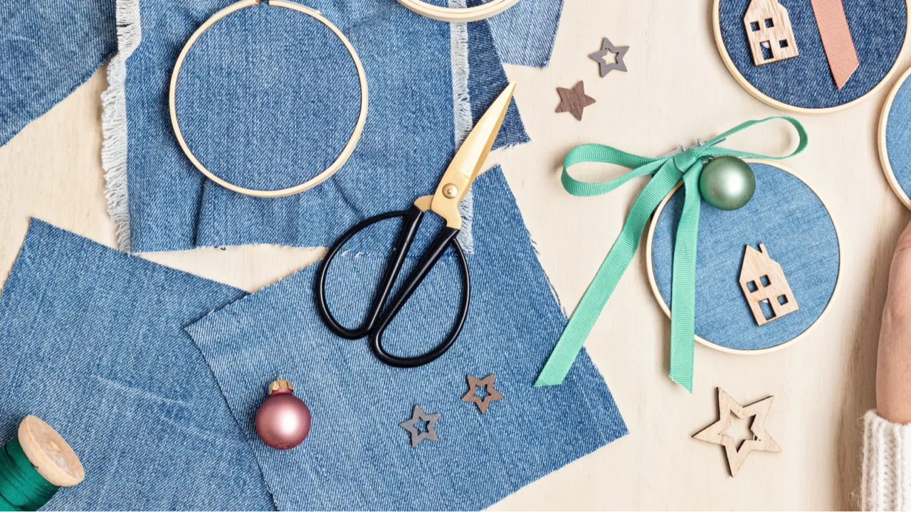 diy project of christmas ornaments made of repurposed old jeans