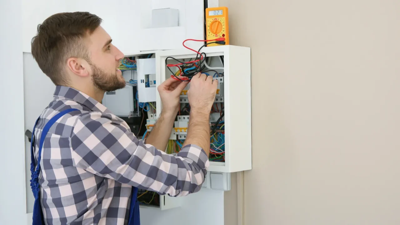 electrician with tester checking voltage indoors space for text