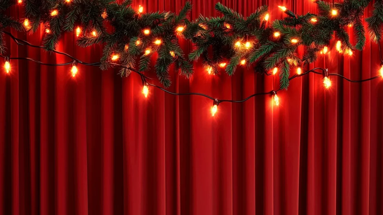 festive red curtain backdrop adorned with twinkling holiday lights