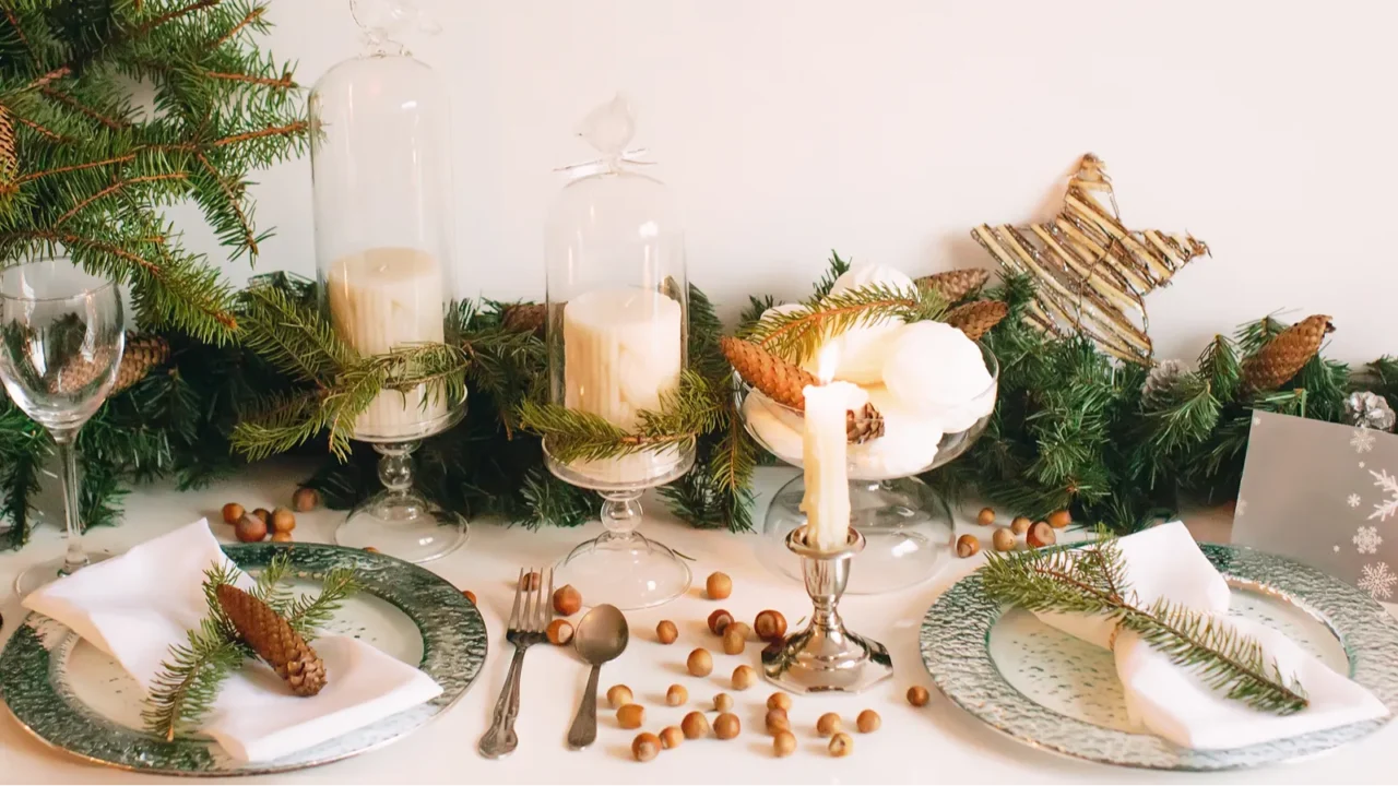 festive table setting for christmas and new years with green