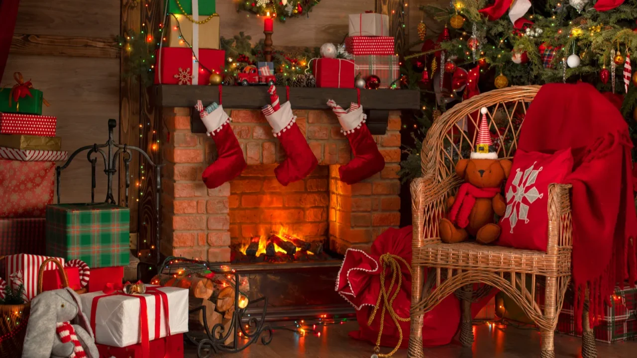 fireplace and christmas tree background festive interior inside wooden house